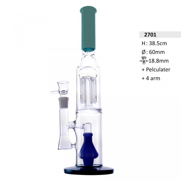 Glasbong-Zylinder mit 4 arm, großem Pelculater und großem Diffusor, Hals und Boden in grün. H: 38,5c